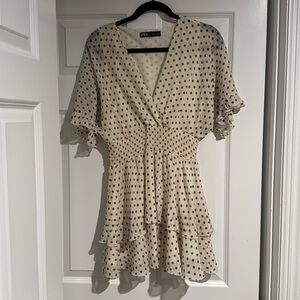 Zara Cream Black Polka Dot V-neck Ruffle Layered Smocked Chiffon Mini Dress Sz M